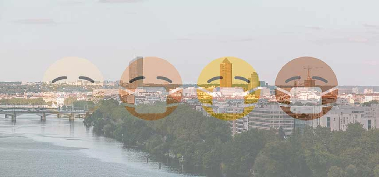 Skyline de Lyon et petits émojis masqués